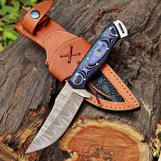 KD Hunting Knife Damascus Steel Knife Camping Knife with Leather Sheath
