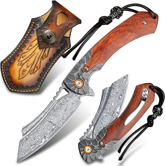 KD Pocket Folding Knife Damascus Steel with leather case pocket clip