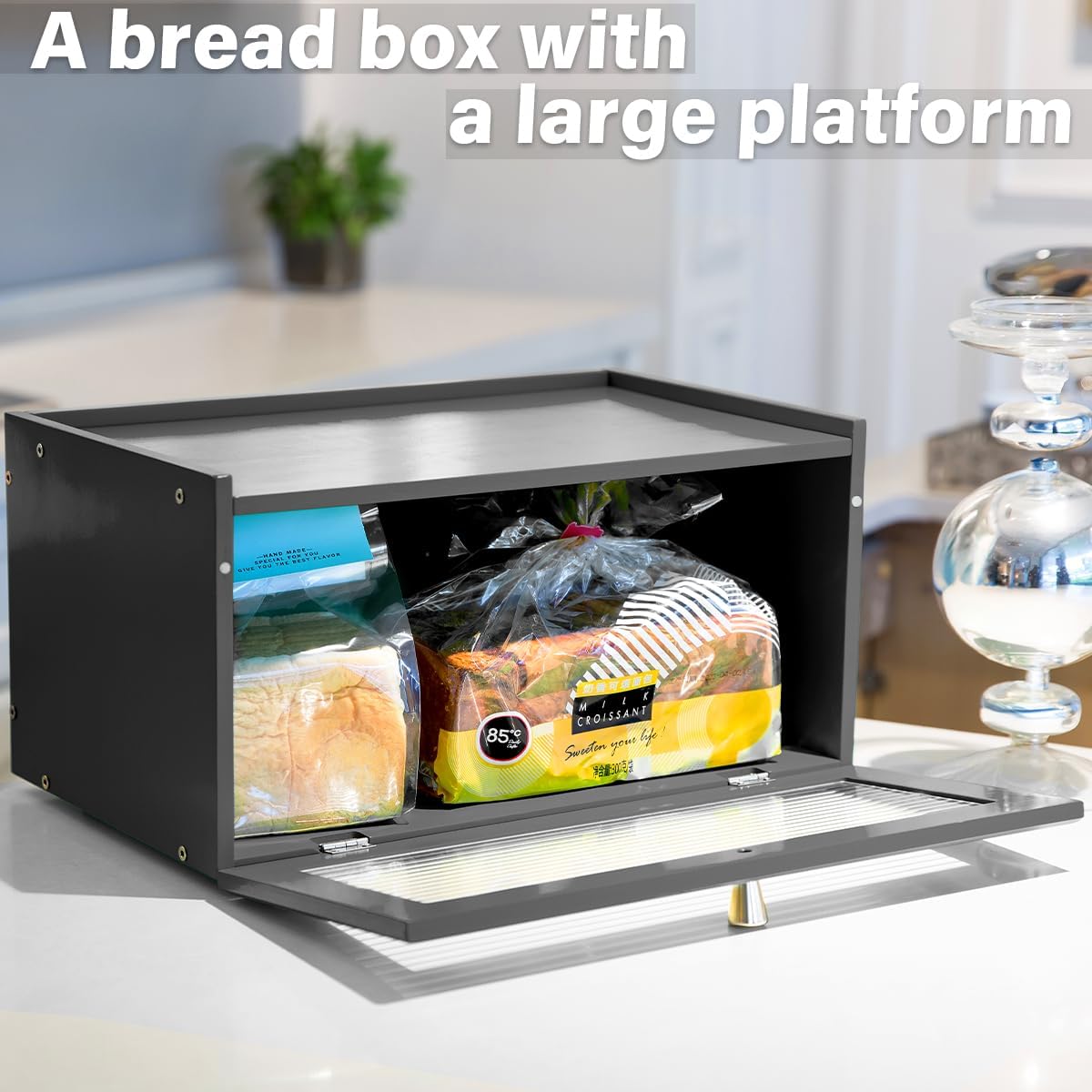 KD Bamboo Bread Box for Kitchen Countertop Wooden Black Bread Box