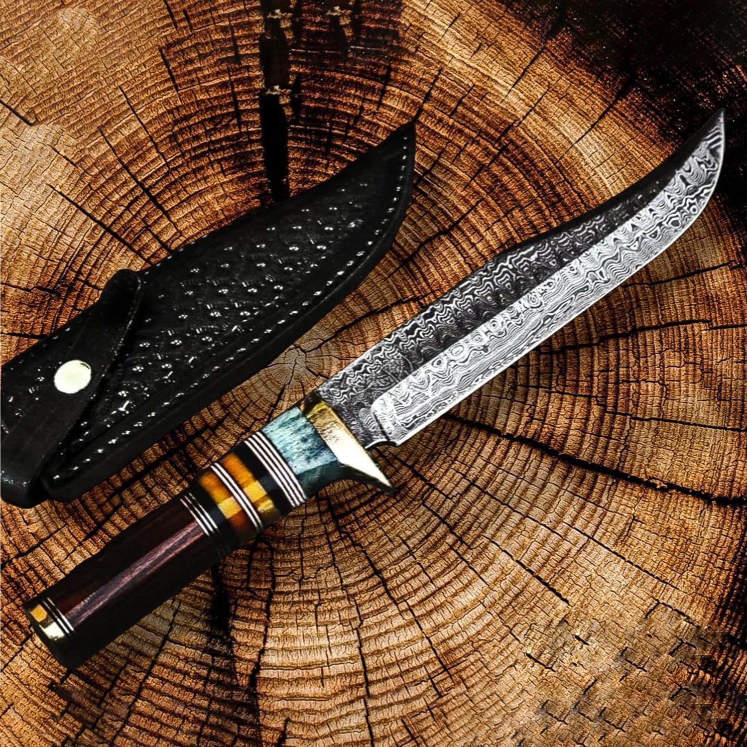 KD Damascus Hunting Knife Damascus Steel Bushcraft Knife – Knife