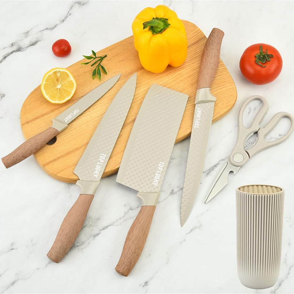 Knife Set, 6-Piece Khaki Professional Kitchen Knife Set for Chef, Super Sharp Knife Set with Universal Knife Block, Anti-Rust Stainless Steel Kitchen Knife Block Set, Ergonomical Design (Khaki)