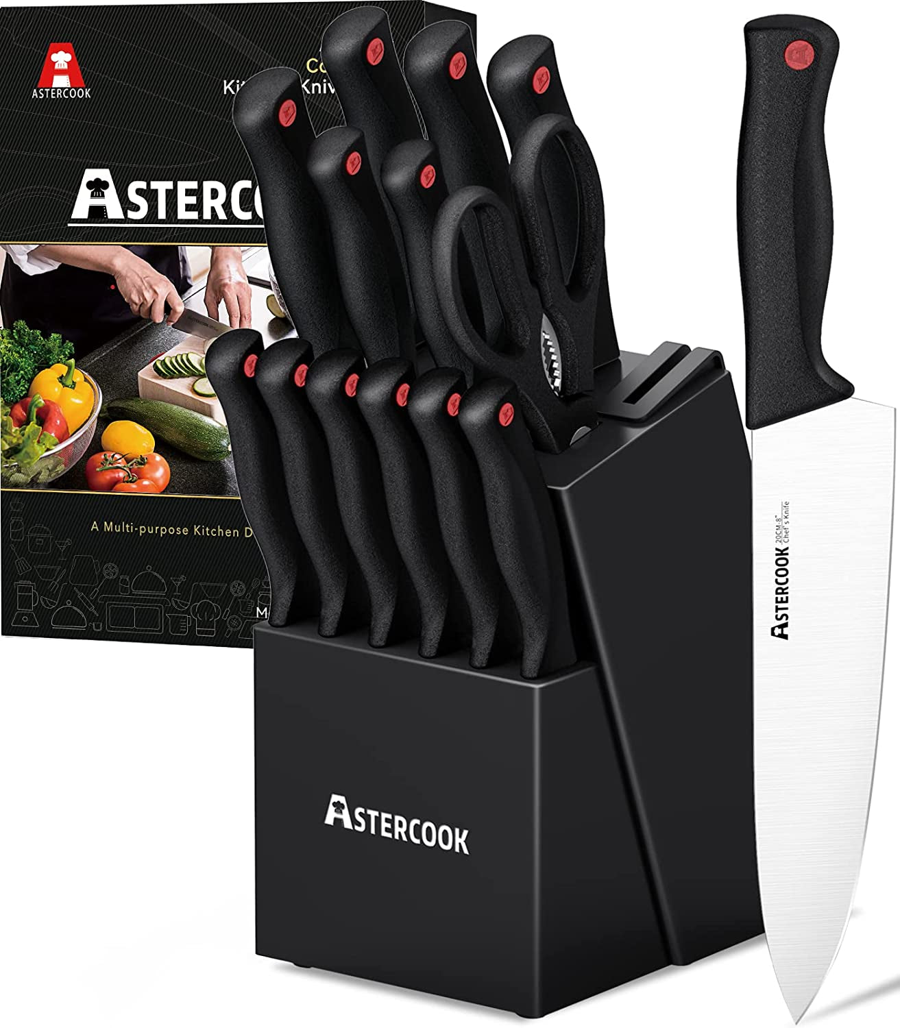 McCook 15PCS Kitchen Knife Block Set with Built-in Sharpener Stainless  Steel