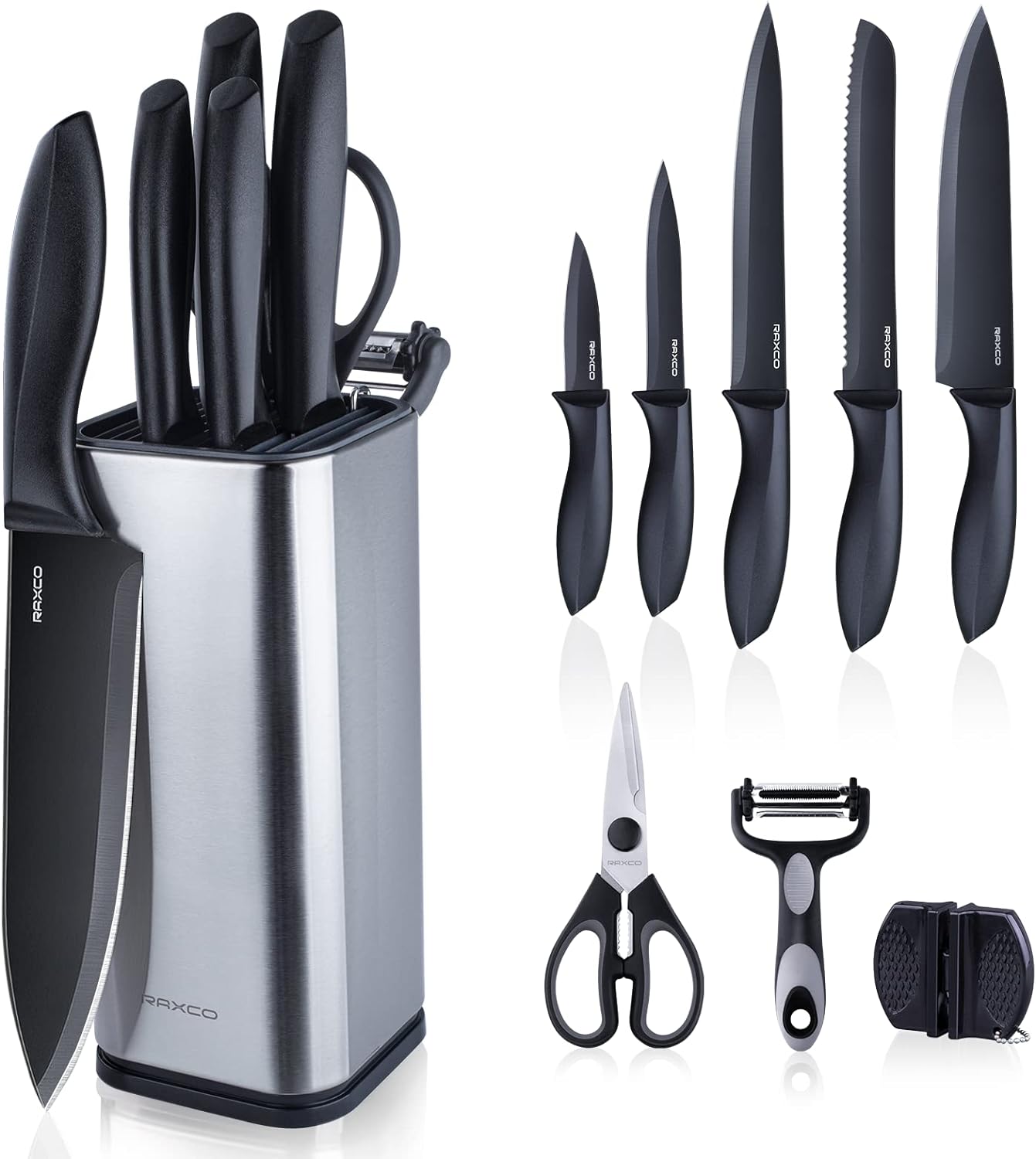 syvio Knife Sets for Kitchen with Block and 6 PCS Kitchen Utensils Set,  Knives Set for Kitchen 15 Pieces with Built-in Sharpener, Utensils Holder  for