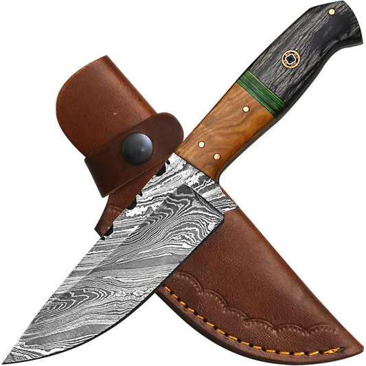 KD Hunting Knife Damascus Steel for Bushcraft and Outdoor with Leather Sheath