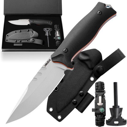 KD Hunting Knife G10 Handle with Sheath Fire Starter and Compass for Camping