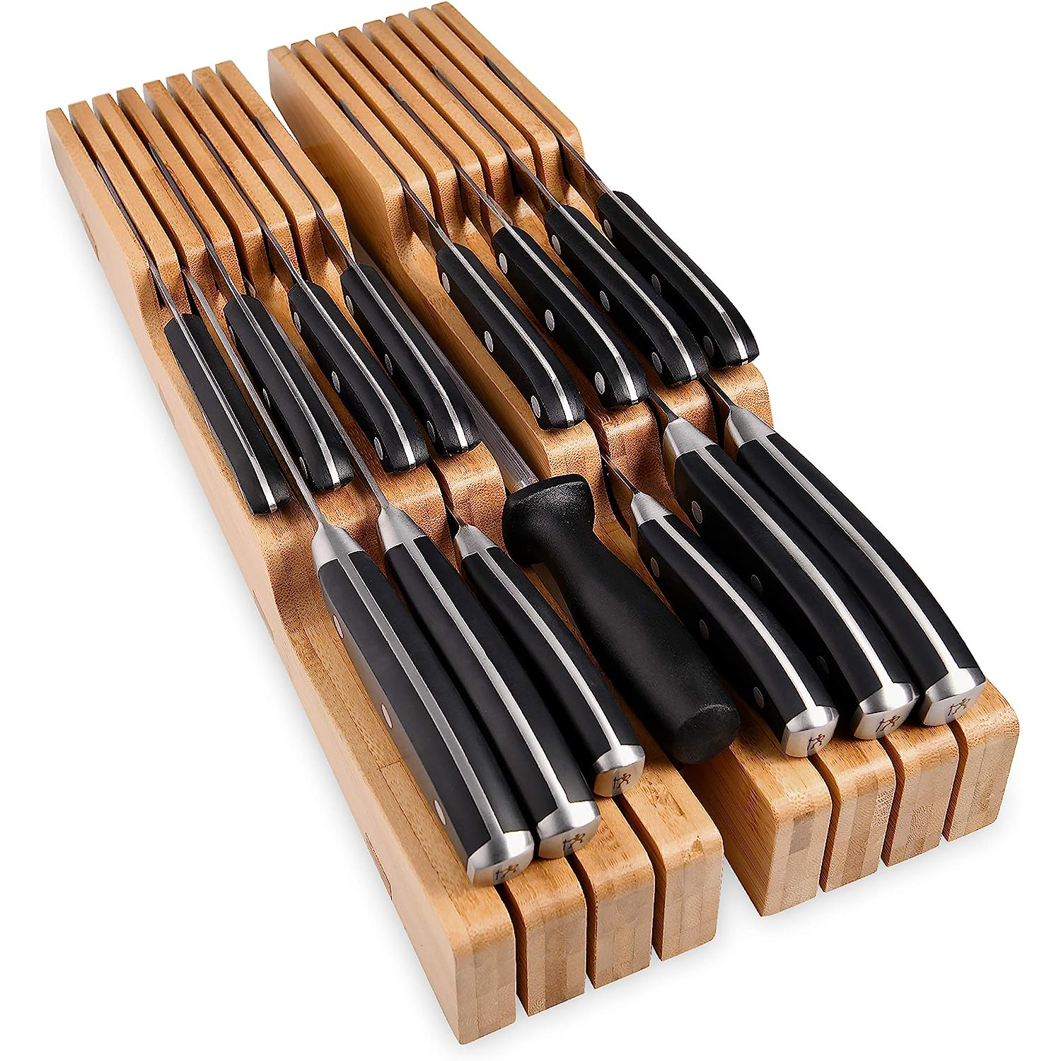 KD Drawer Knife Block Bamboo Holds 16 Knives and Knife Sharpener Slot