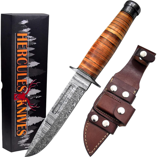 KD Hand Forged Hunting Knife Damascus Steel with Leather sheath