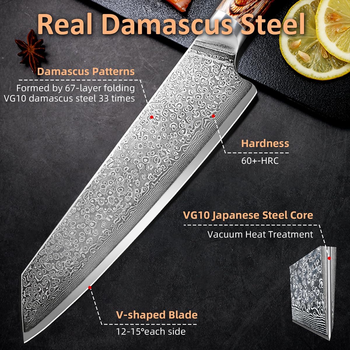 KD Kiritsuke Chef Knife 8" Damascus Steel VG10 with Gift Box