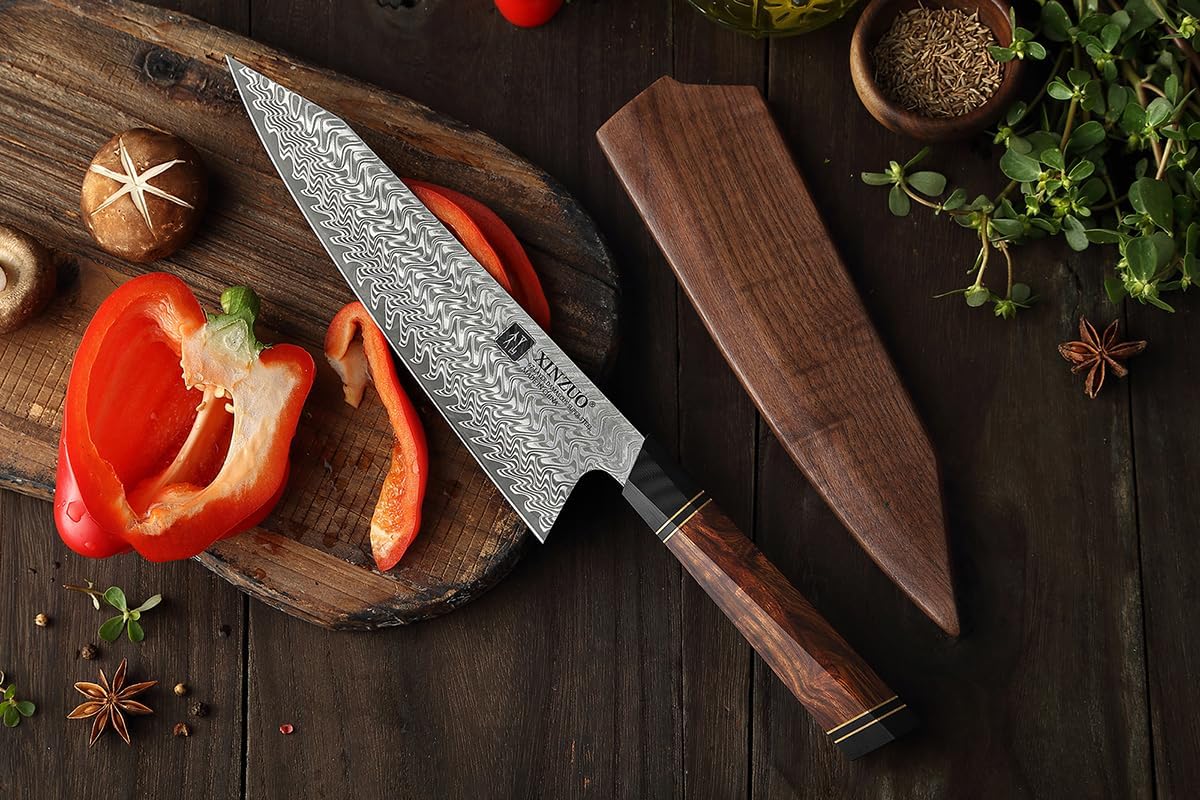 KD Kiritsuke Kitchen Knife 8.5" with Black Walnut Wooden Sheath & Box