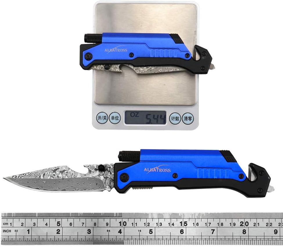 KD Folding Pocket Knives Damascus Steel with LED Light & Seatbelt Cutter