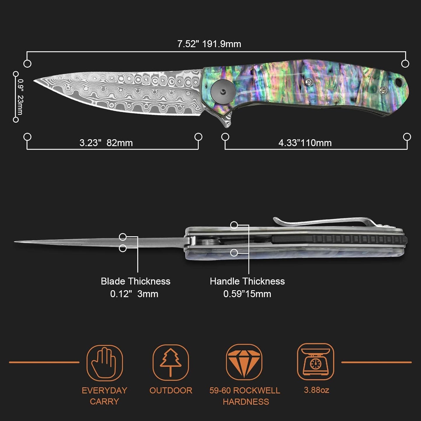 KD Pocket Knife Damascus Steel EDC Hunting Knives with Gift Box