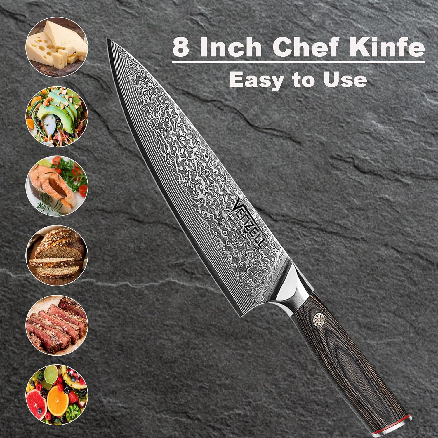 VENZELL 8 inch Chef Knife, Damascus Kitchen Knife, 8 inch Kitchen Knife,  Professional Chef Knife with Ergonomic Handle, Cooking Knife, Damascus Chef
