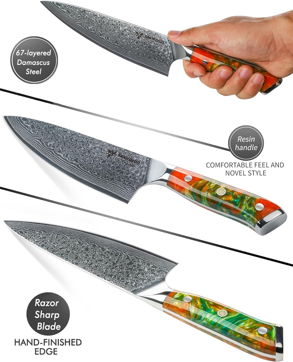 KD 8" VG10 Damascus Steel Chef Knife: Orange Color Gift Box
