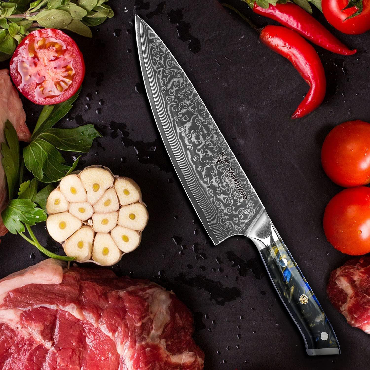 KD 8" VG10 Damascus Steel Chef Knife: Starry Black Gift Box