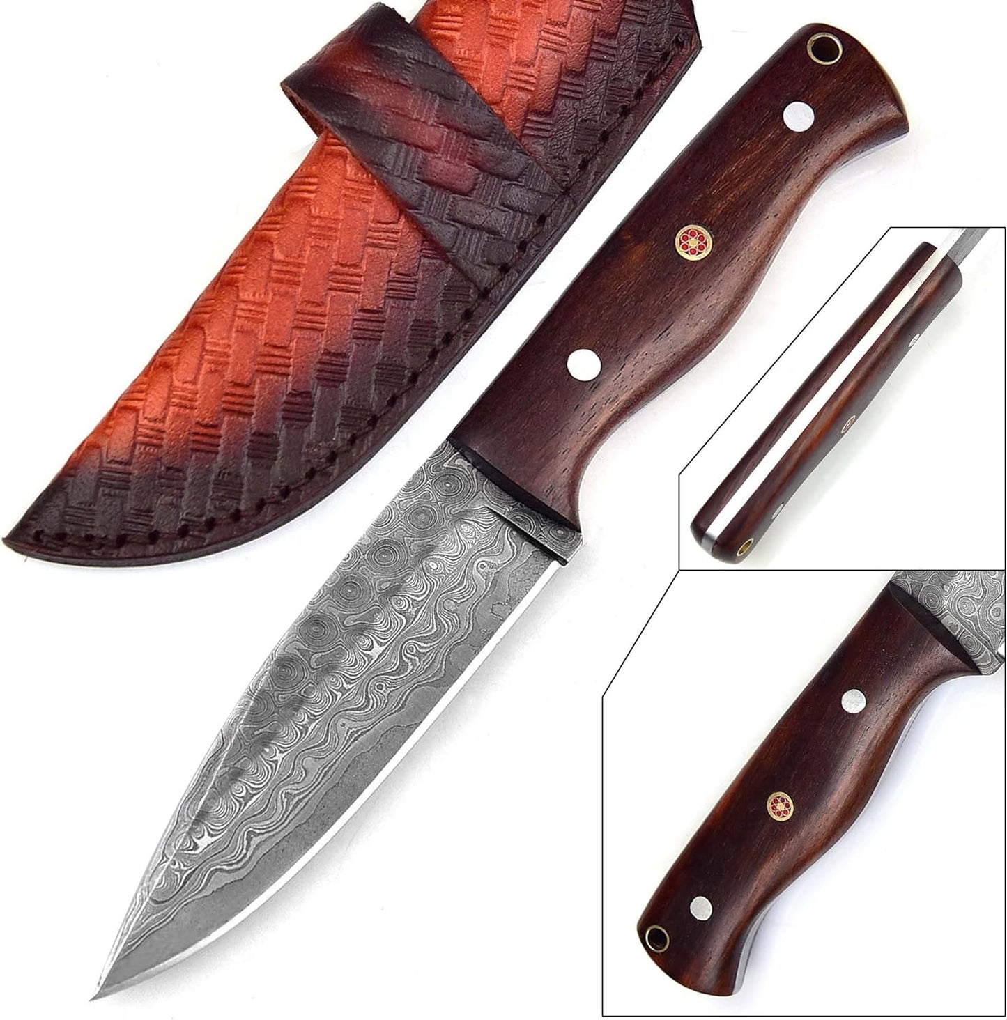 KD Hunting Knife Damascus Steel Knife for Outdoor with Cowhide Leather Sheath