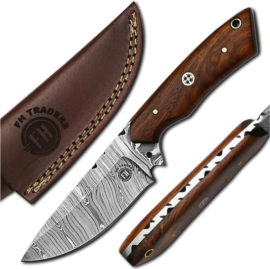 KD Hunting Knife Damascus Knife Outdoor Camping with Leather Sheath