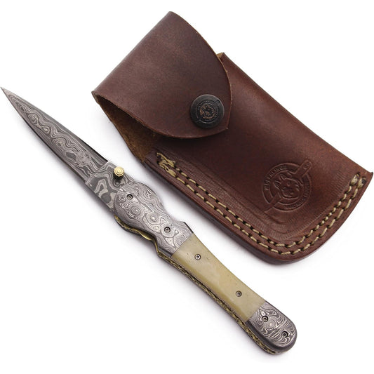 KD Damascus Steel Pocket Outdoor Knife with Cowhide Leather Sheath