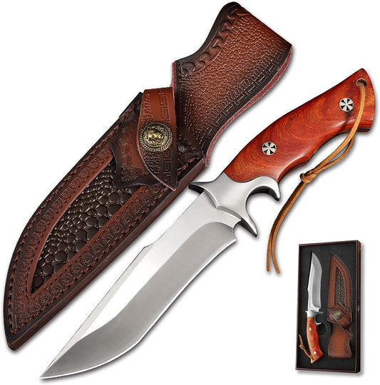 KD Hunting Knife M390 Steel Blade Knife Wood Handle with Leather Sheath