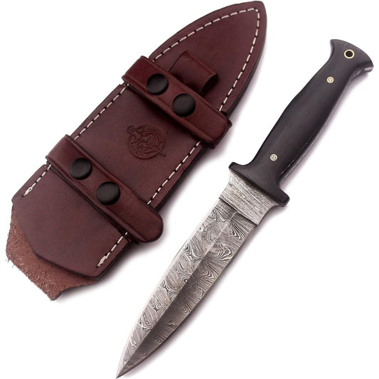 KD Damascus Steel Hunting Knife with Cowhide Leather Sheath