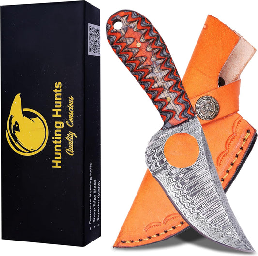 KD Hunting Knife Damascus Steel Knife with Custom Leather Sheath