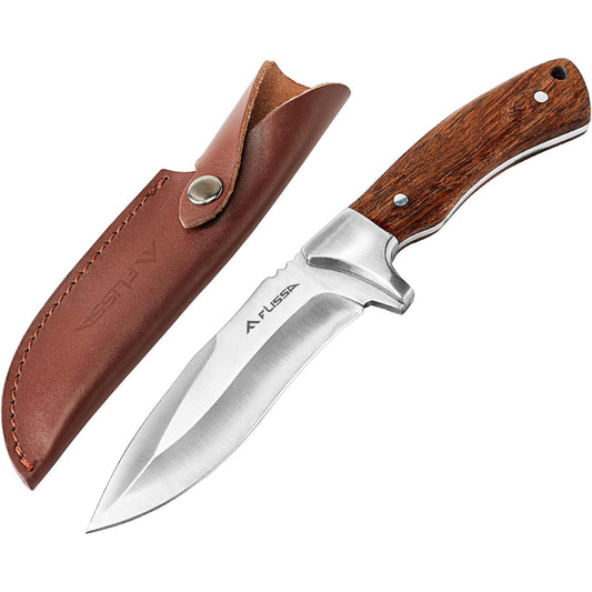 KD Hunting Knife Rose Wooden Handle Survival Camping with Sheath