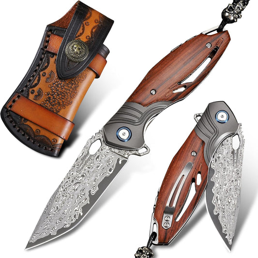 KD Pocket Folding Knife Damascus steel with leather cover Pocket back clip