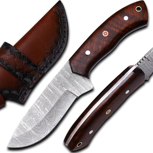 KD Hunting Knife Damascus Steel knife Bushcraft knife with Leather Sheath