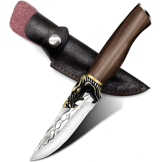 KD Hunting Knife with Leather Sheath Wooden Handle Camping Knife