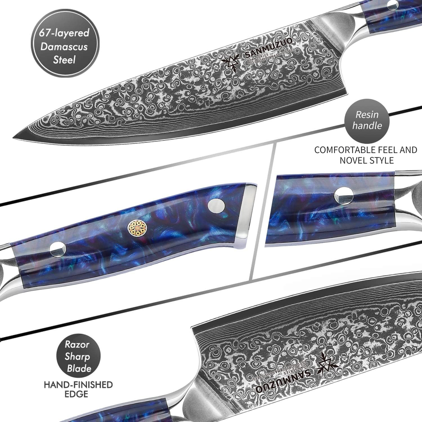 KD 8" VG10 Damascus Steel Chef Knife: Sapphire Blue Gift Box