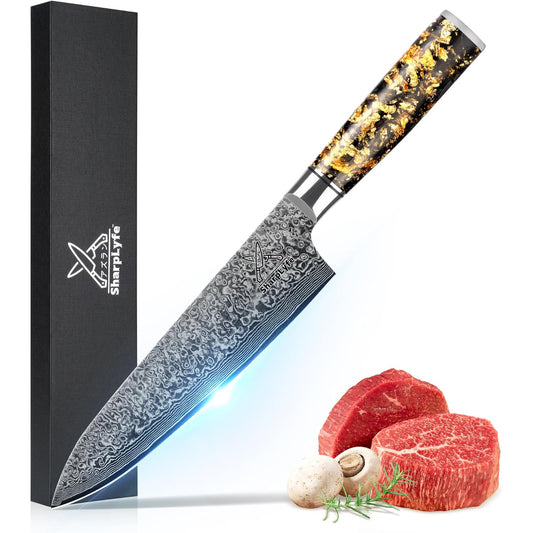 KD 67 Layers Damascus Steel Chef Knife Gold Foil & Carbon Fiber Handle