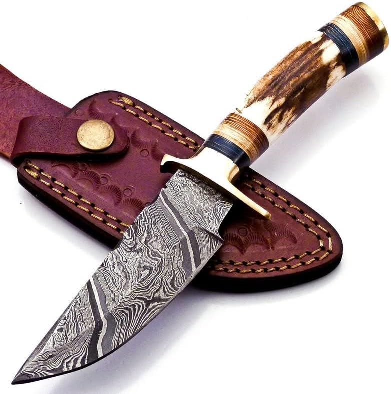 KD Damascus Steel Hunting Knife Camping Outdoor with Leather Sheath