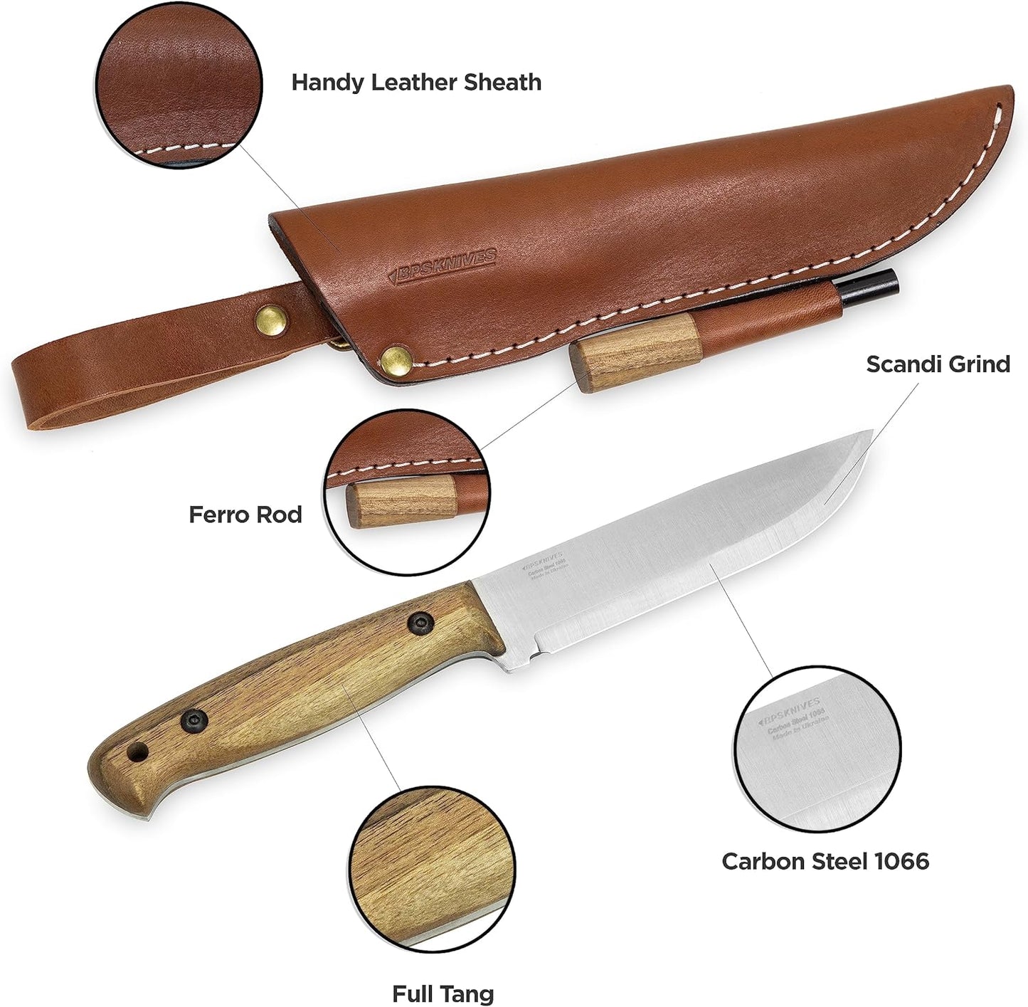 KD Hunting Knife Bushcraft Knife with Leather Sheath and Firestarter