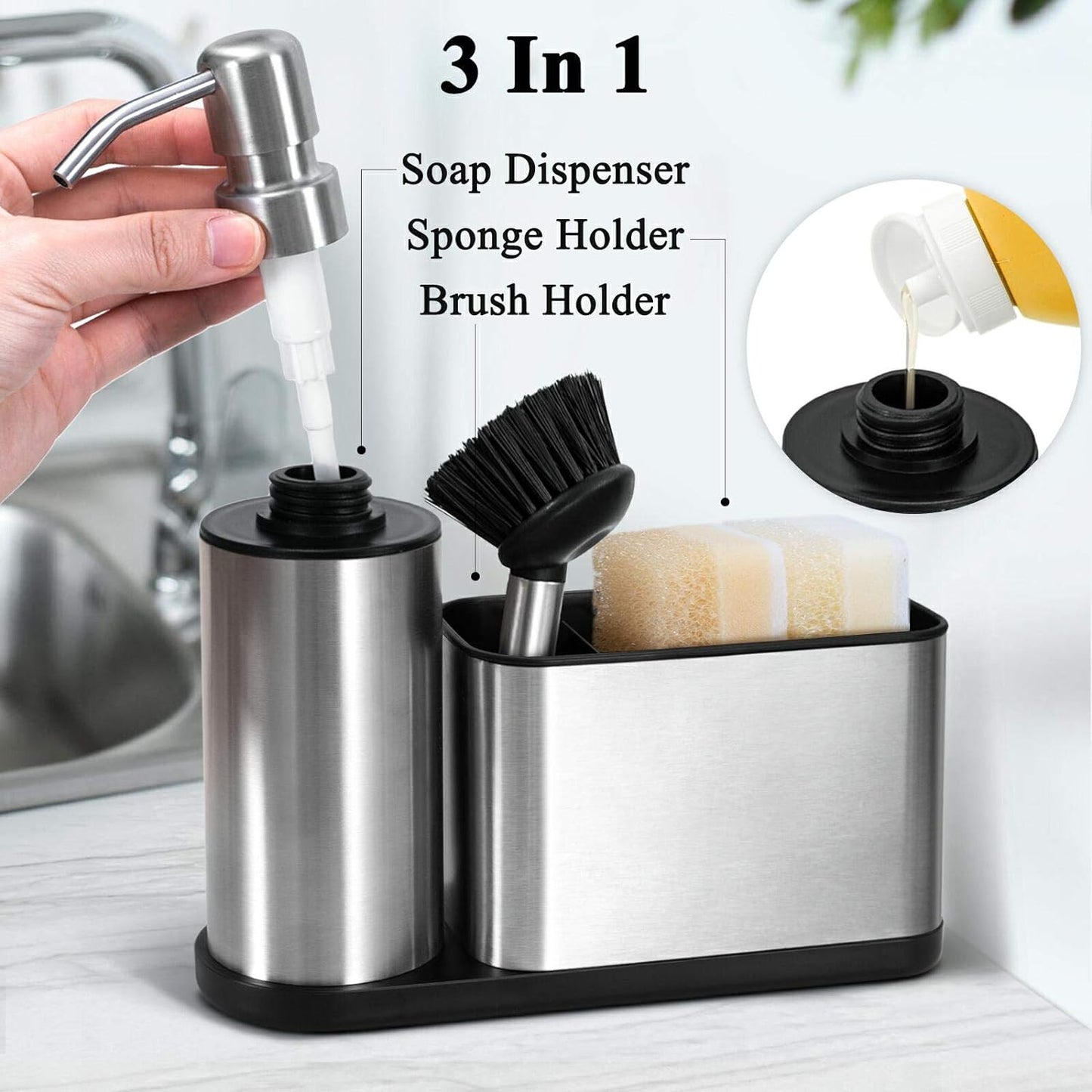 KD Bathroom Dish Soap Dispensers with Caddy Kitchen Sink Organizer Sponge Holder