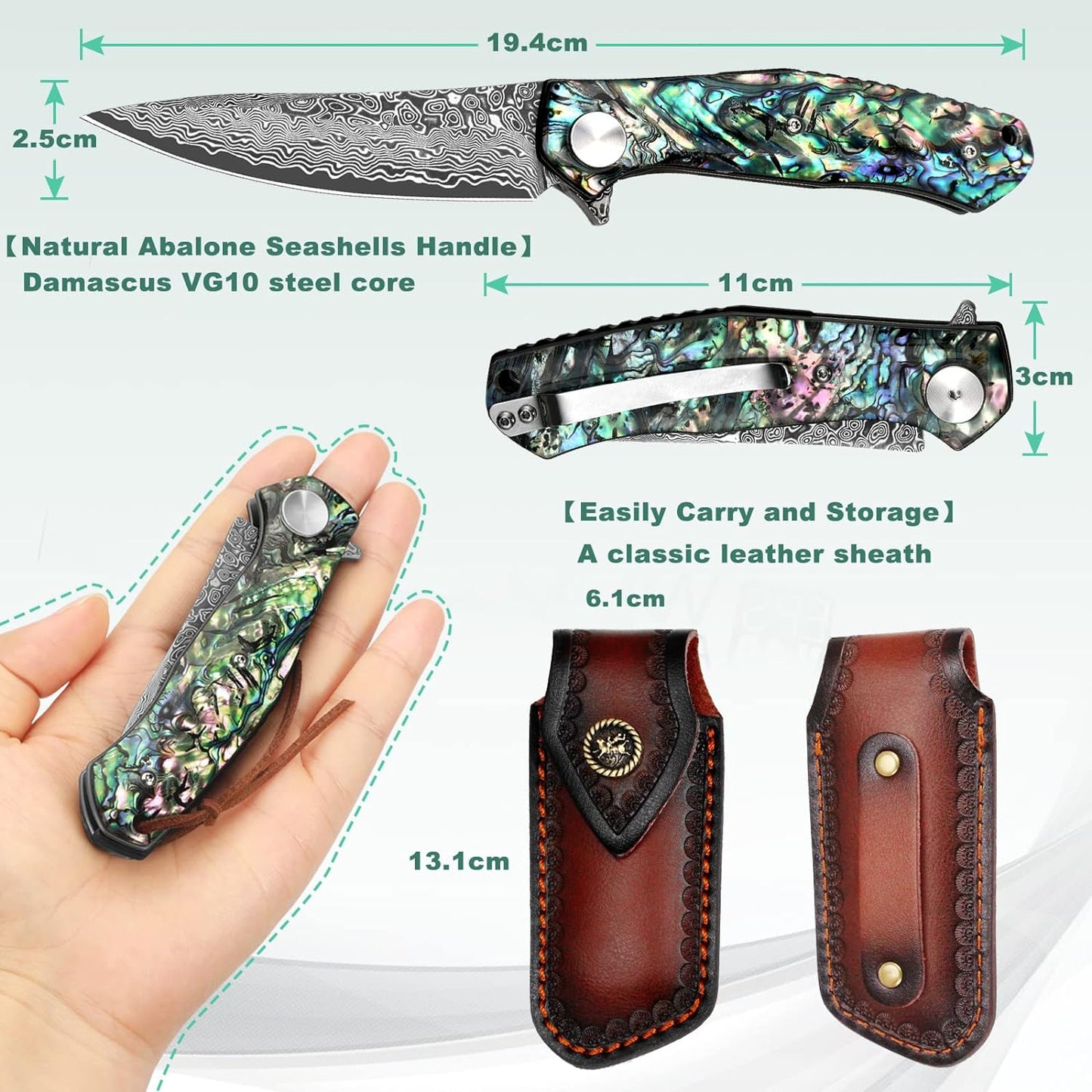 KD Pocket Knife Damascus Steel VG10 Handle with Clip Leather Sheath