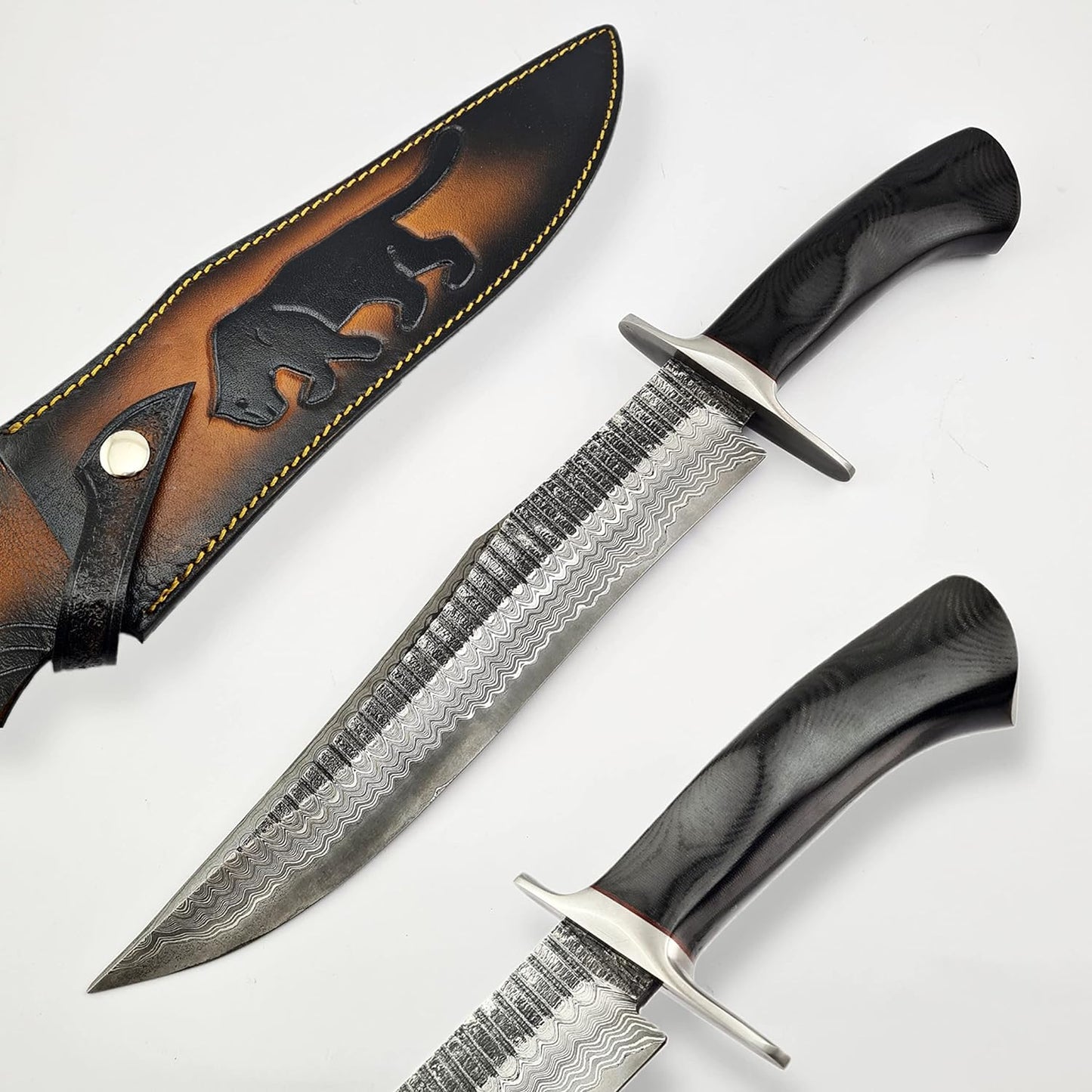 KD Damascus Steel Hunting Knife with Leather Sheath & Gift Box