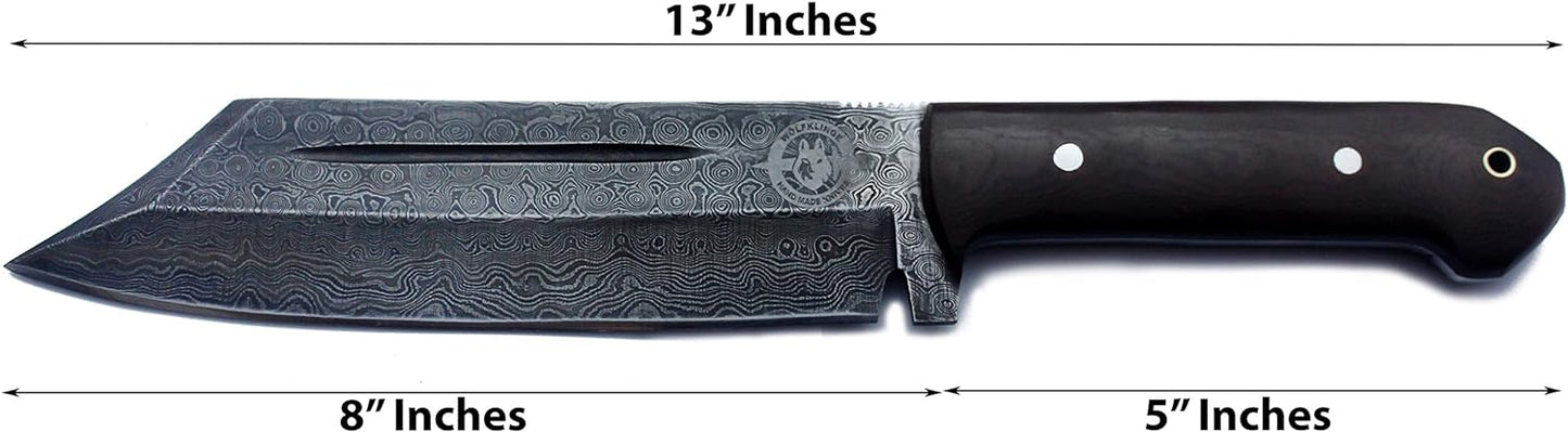 KD Hunting Knife Damascus Steel Survival Camping Knife with Leather Sheath