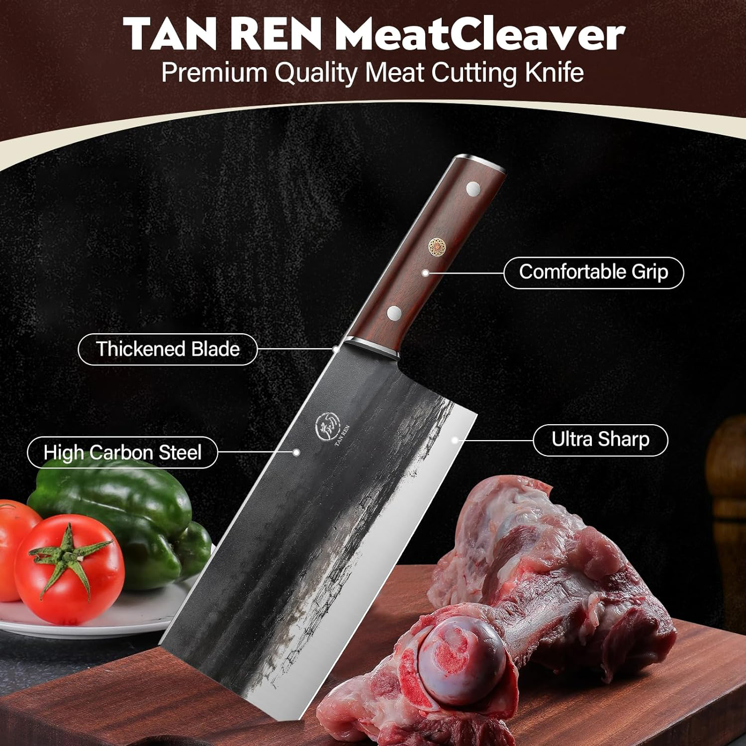 Crude - 8 Inch Premium Chinese Meat Cleaver Chef Knife, Carbon