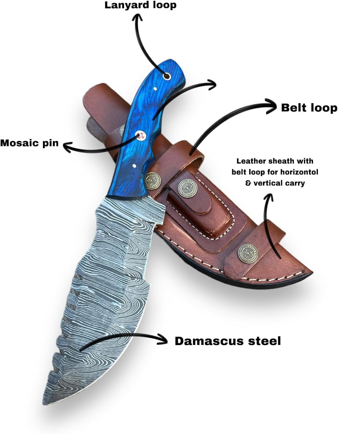 KD Hunting Knife Damascus steel Knife with Genuine Leather Sheath