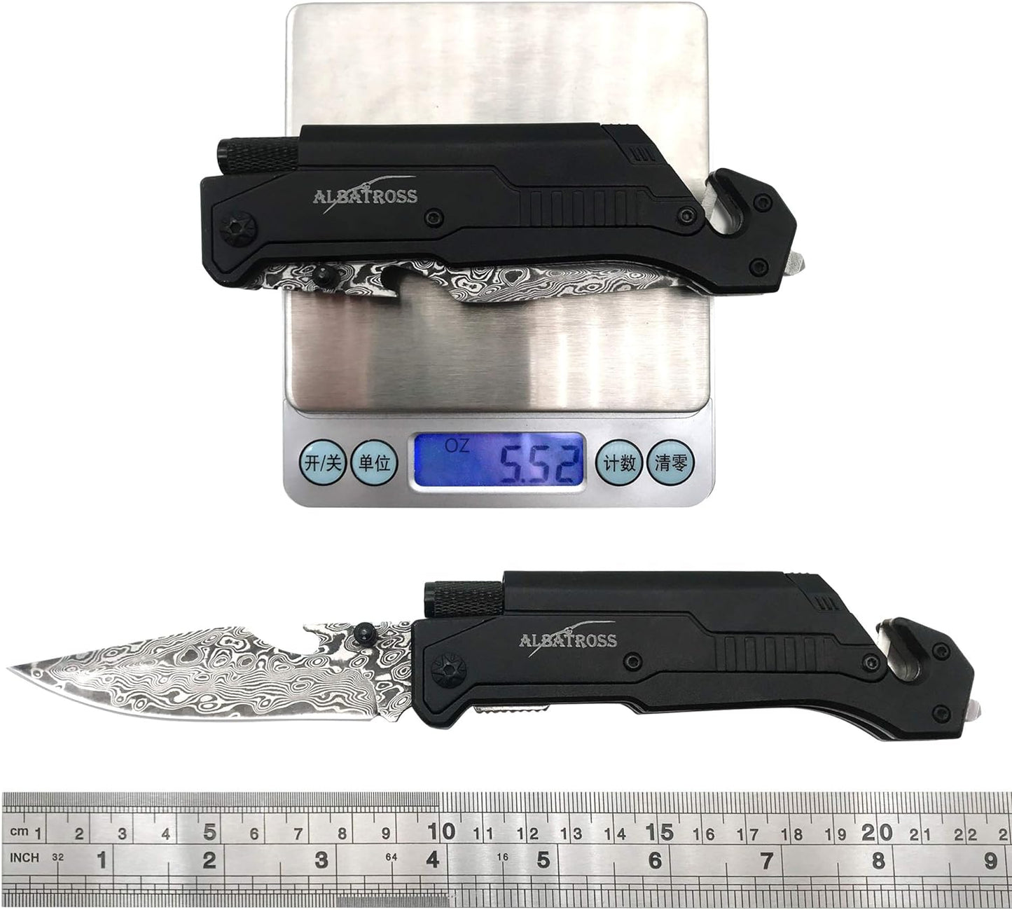 KD Folding Pocket Knives Damascus Steel with LED Light & Seatbelt Cutter