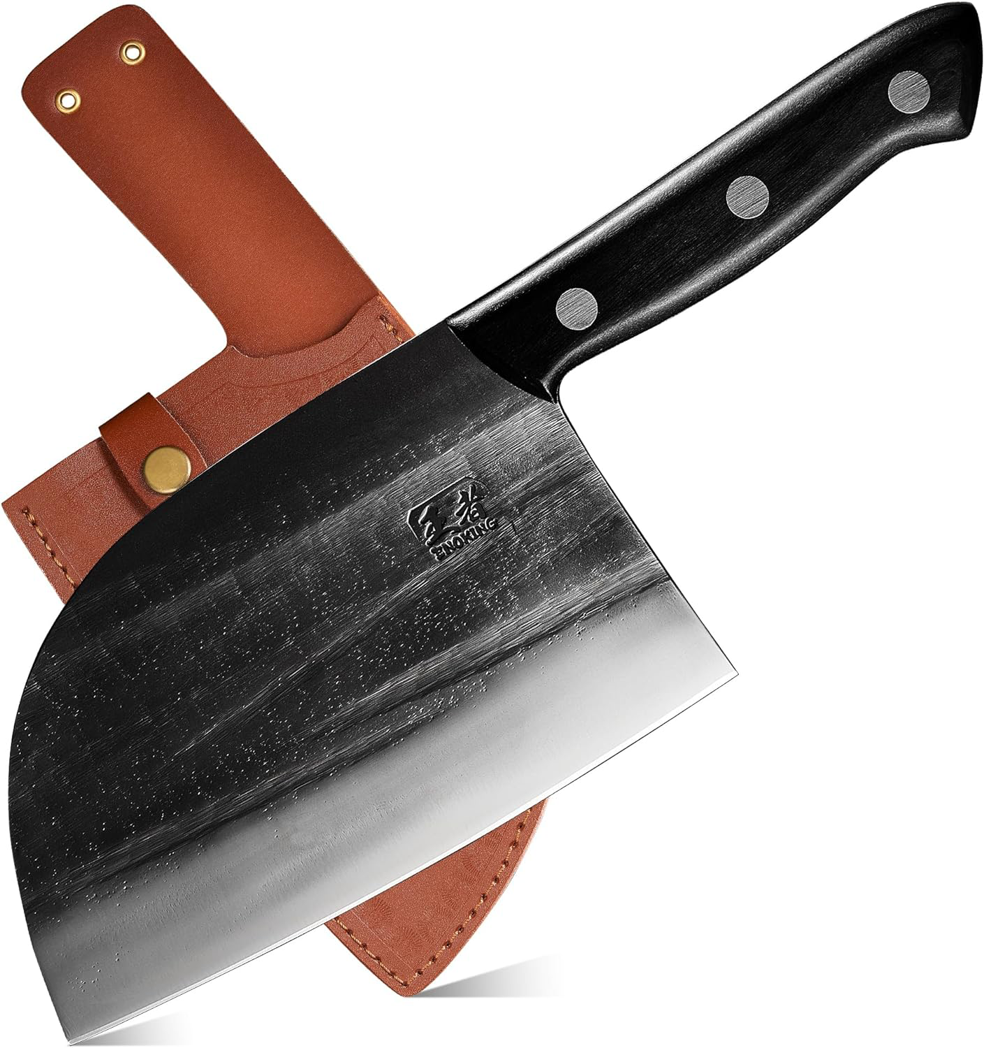 KD Serbian Cleaver Knife with Leather Sheath: 6.7 Inch Butcher Knife