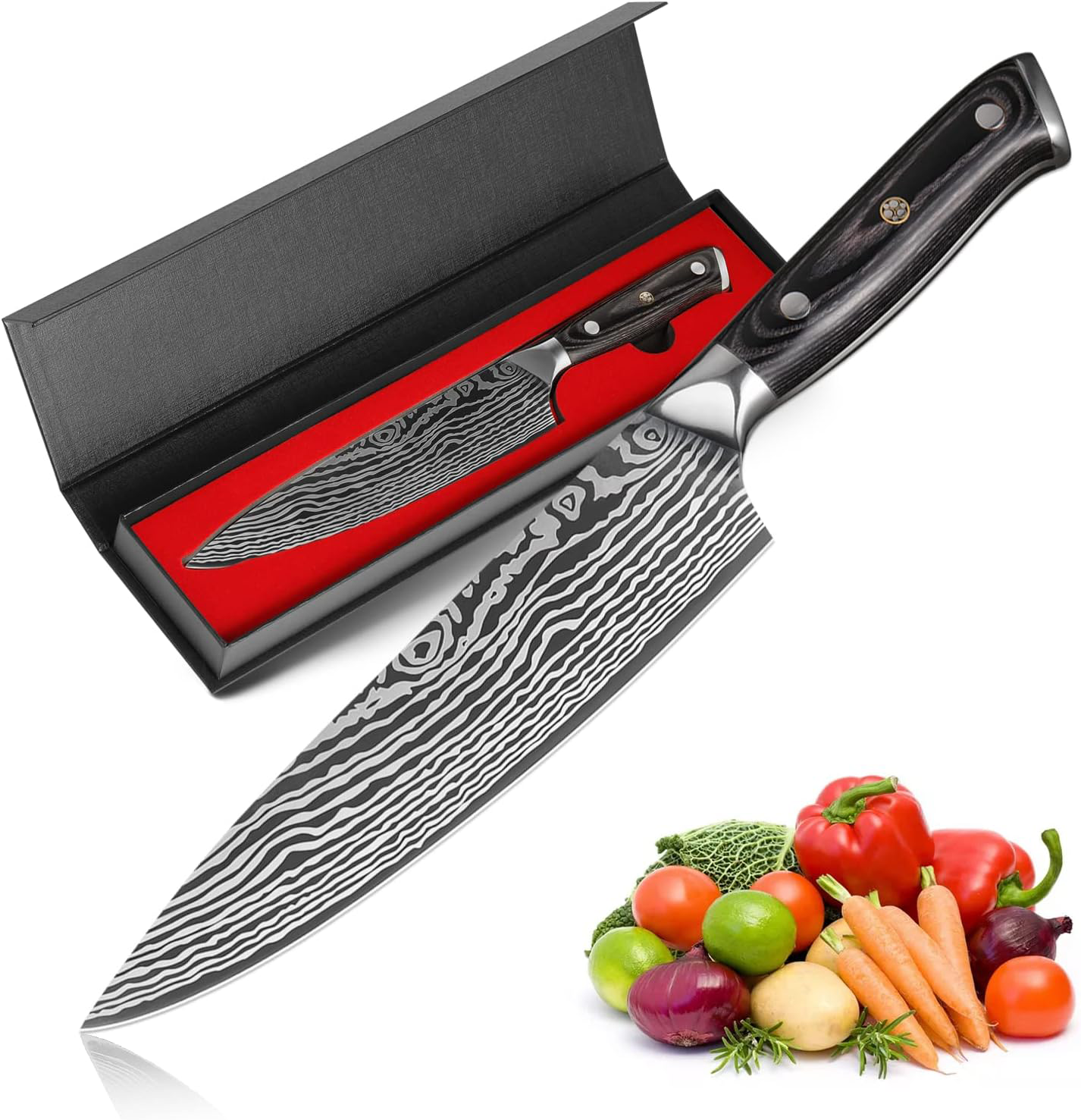 KD Japanese 8 inch AUS-10 Damascus Chef's Knife Gift Box