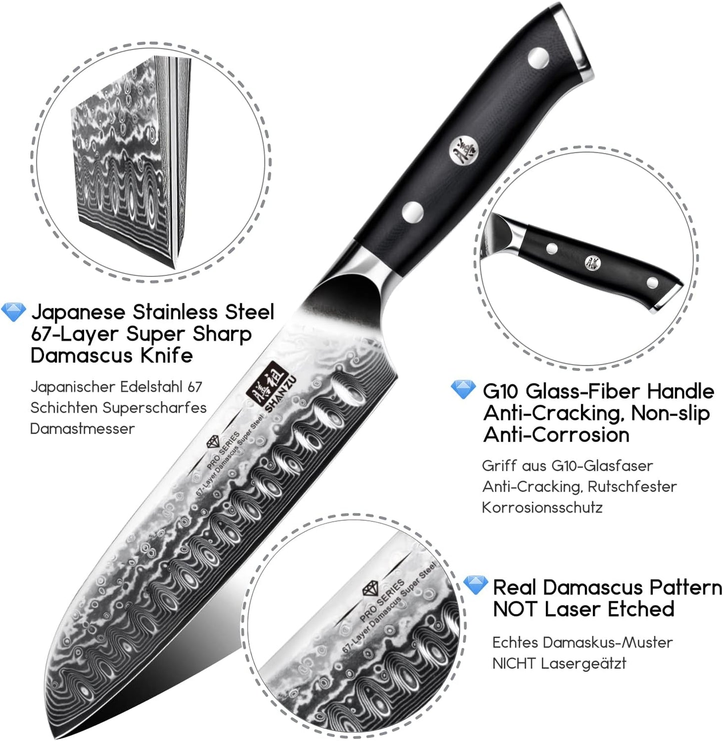KD Santoku Chef Knife Damascus Steel with G10 Handle & Gift Box