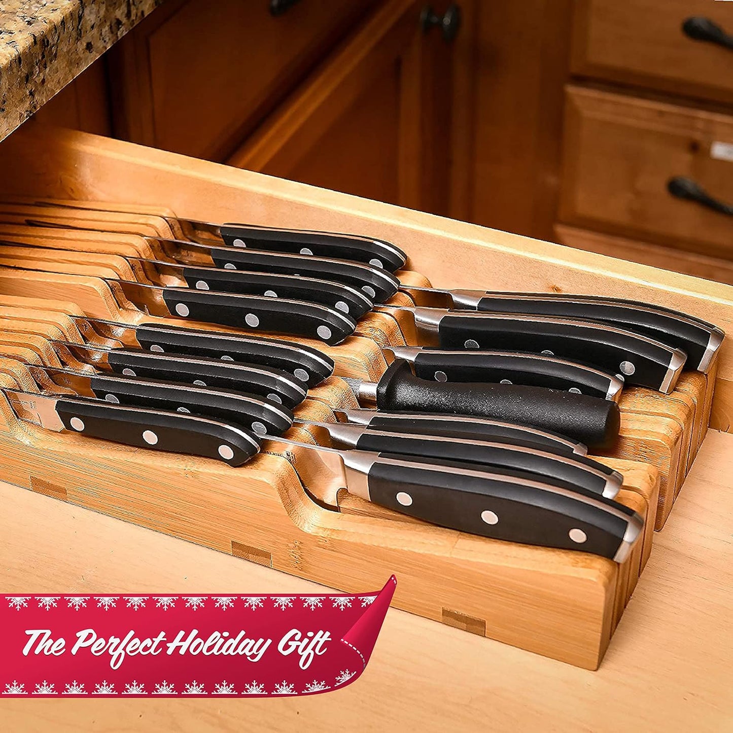 KD Drawer Knife Block Bamboo Holds 16 Knives and Knife Sharpener Slot