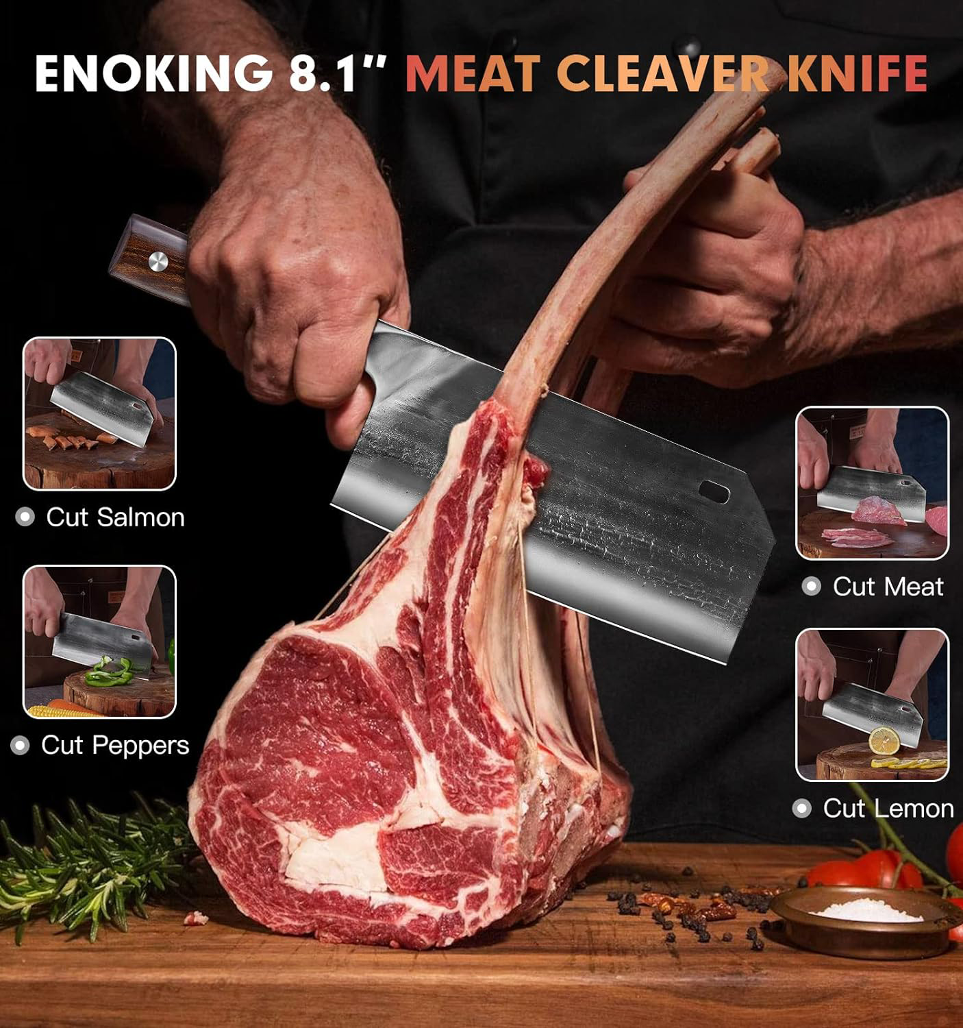 ENOKING Meat Cleaver Hand Forged Chef Knife High Carbon Steel Kitchen  Butcher Knife with Full Tang Handle Leather Sheath Choppin