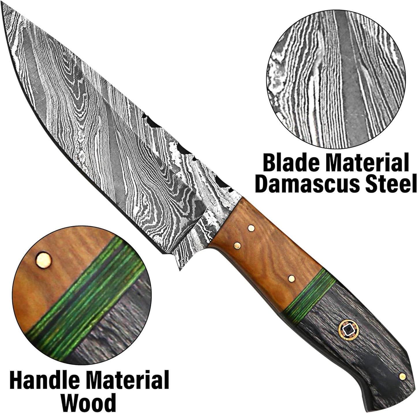 KD Hunting Knife Damascus Steel for Bushcraft and Outdoor with Leather Sheath
