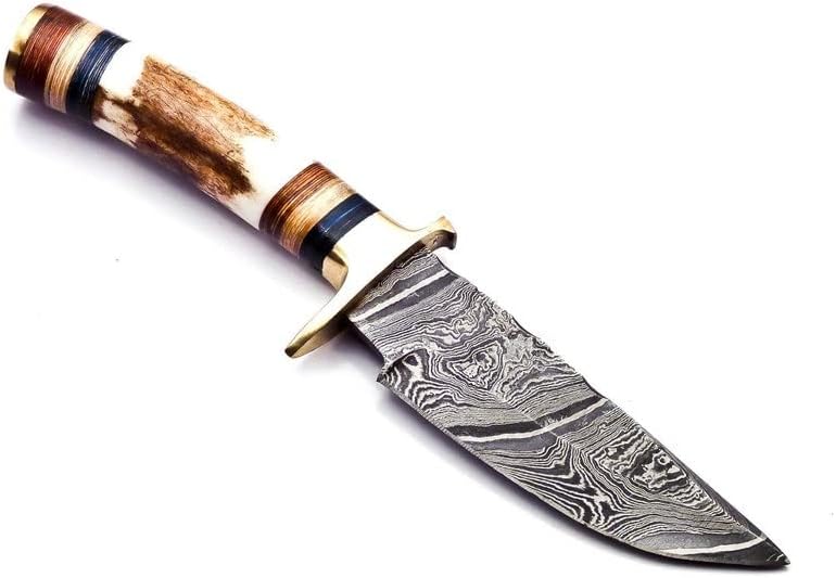 KD Damascus Steel Hunting Knife Camping Outdoor with Leather Sheath