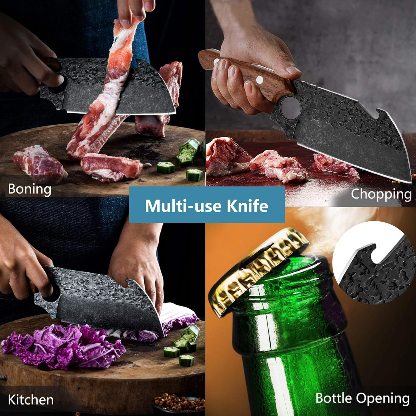 KD Cleaver Kitchen Knife Knife Meat Forged Chef Butcher Knife Outdoor BBQ Camping With Leather Sheath