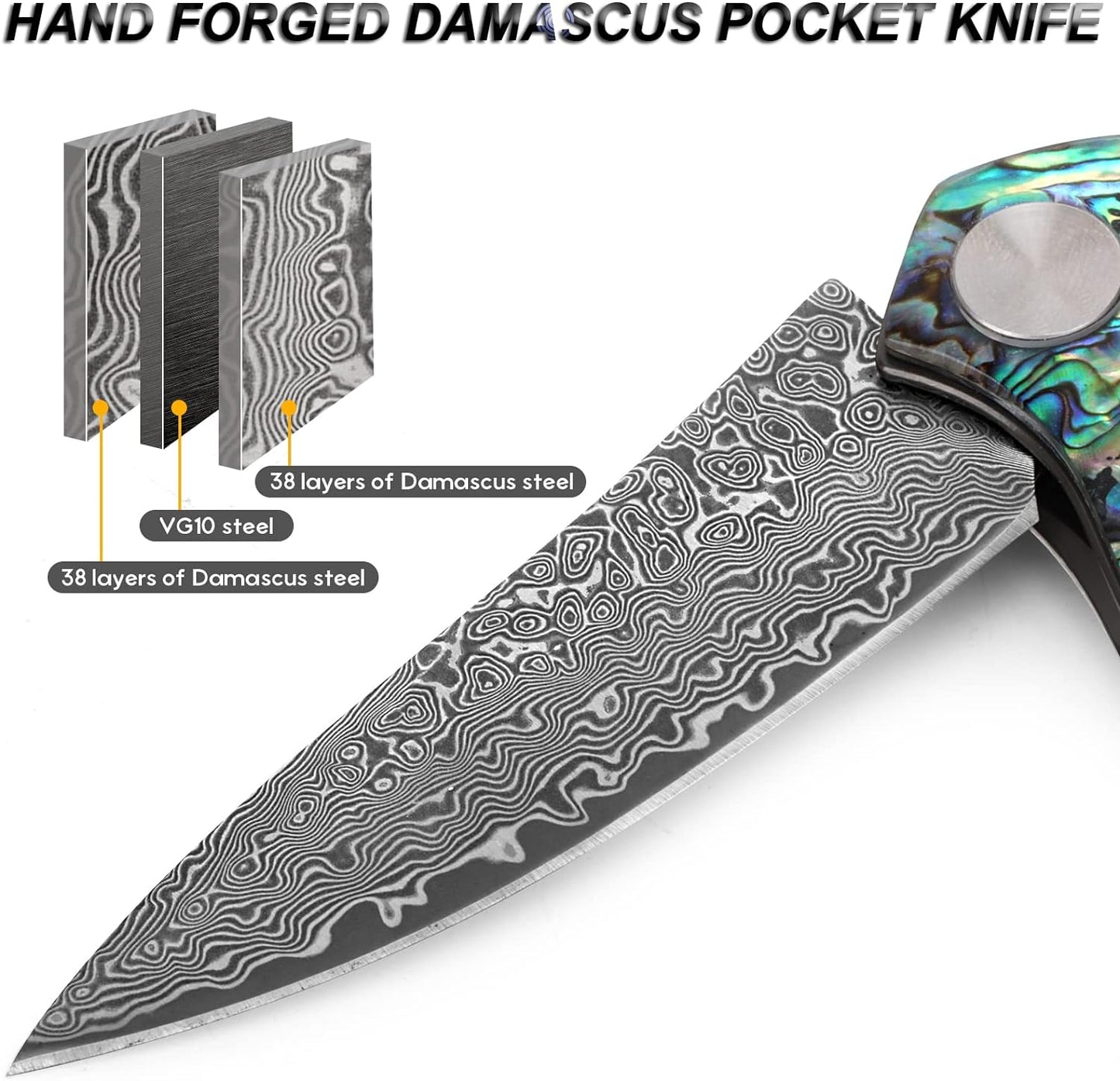 KD Pocket Knife Damascus Steel VG10 Handle with Clip Leather Sheath