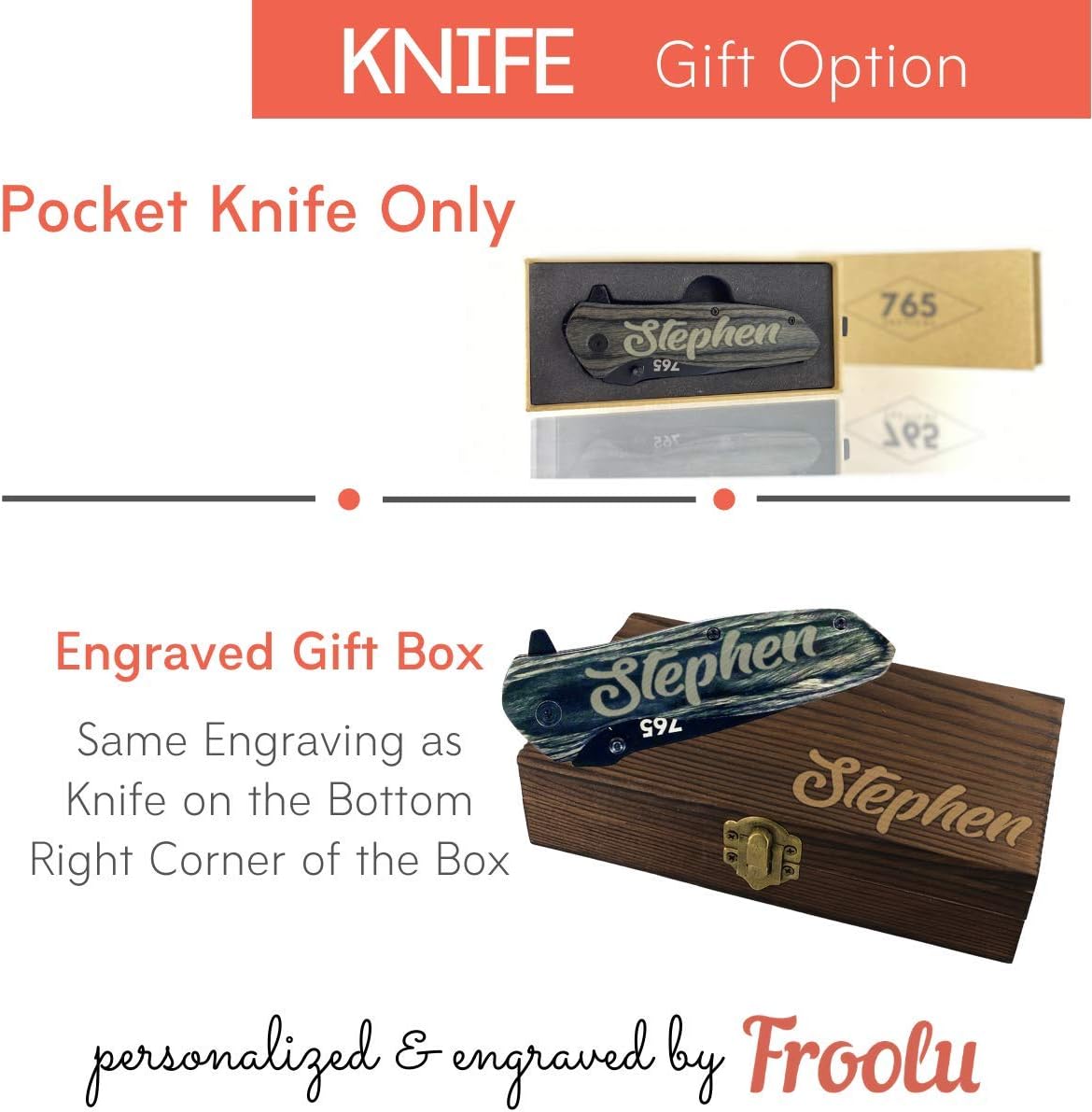KD Engraved Pocket Folding Knife Gift for Men with Wood Box