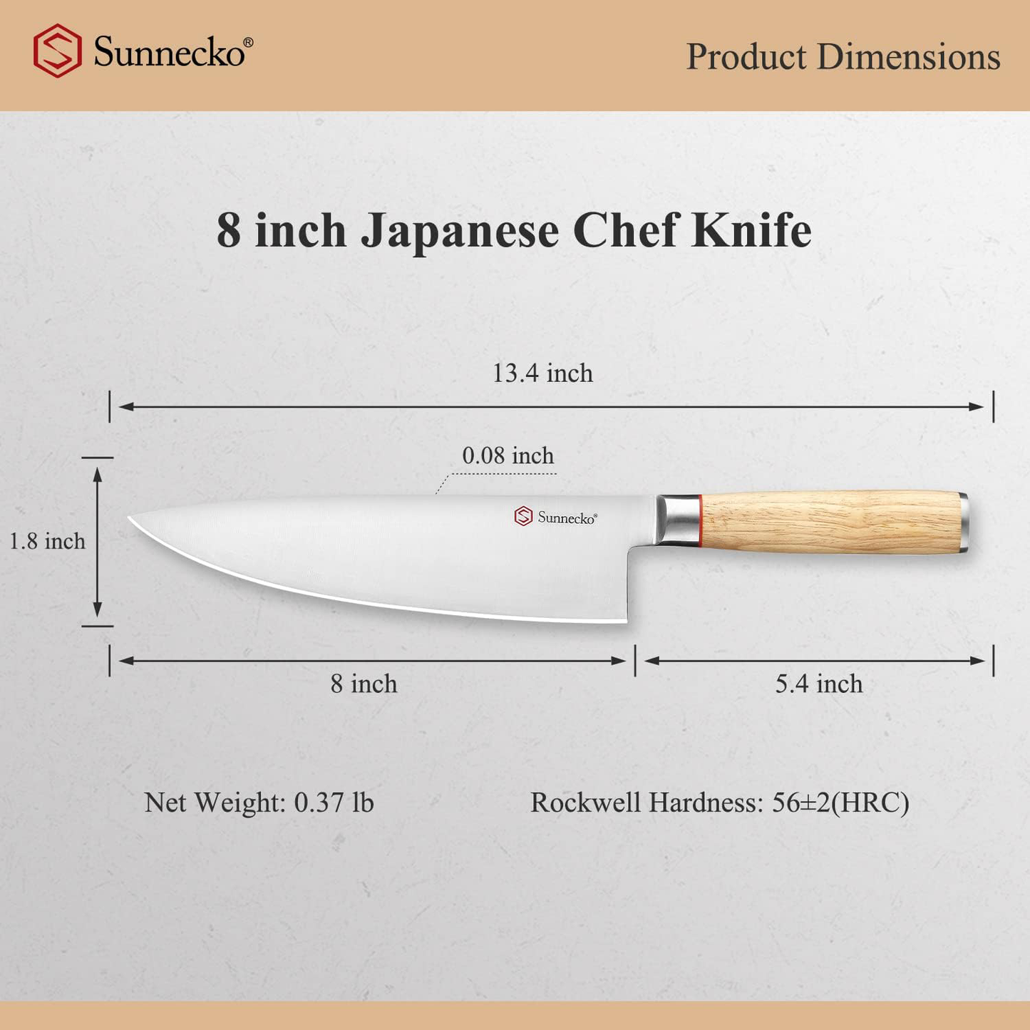 KD 8-Inch Japanese Chef Knife: Natural White Oak Handle